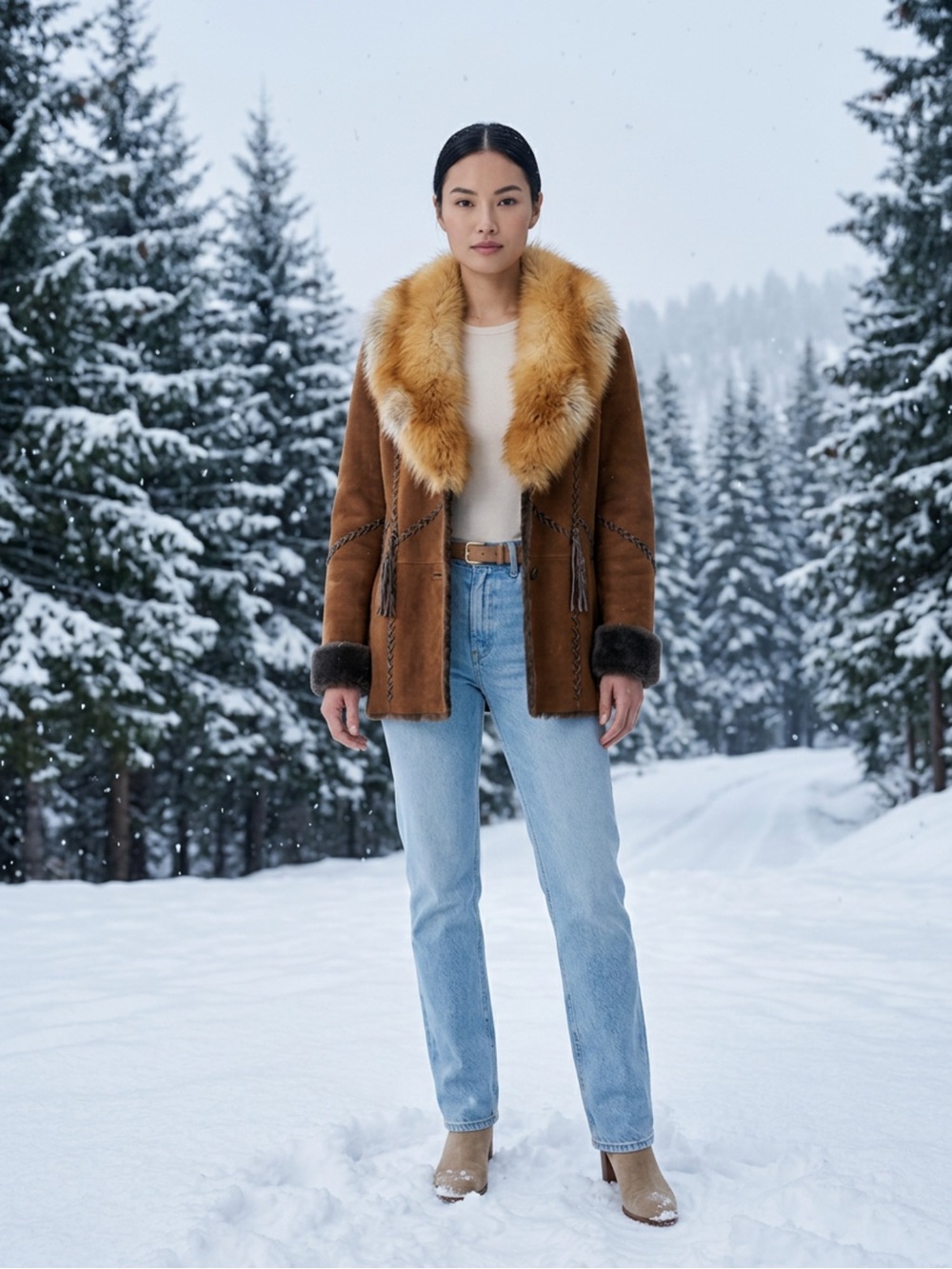 Damselle Vintage Lamb Leather Coat with Genuine Red Fox Fur Collar - Medium